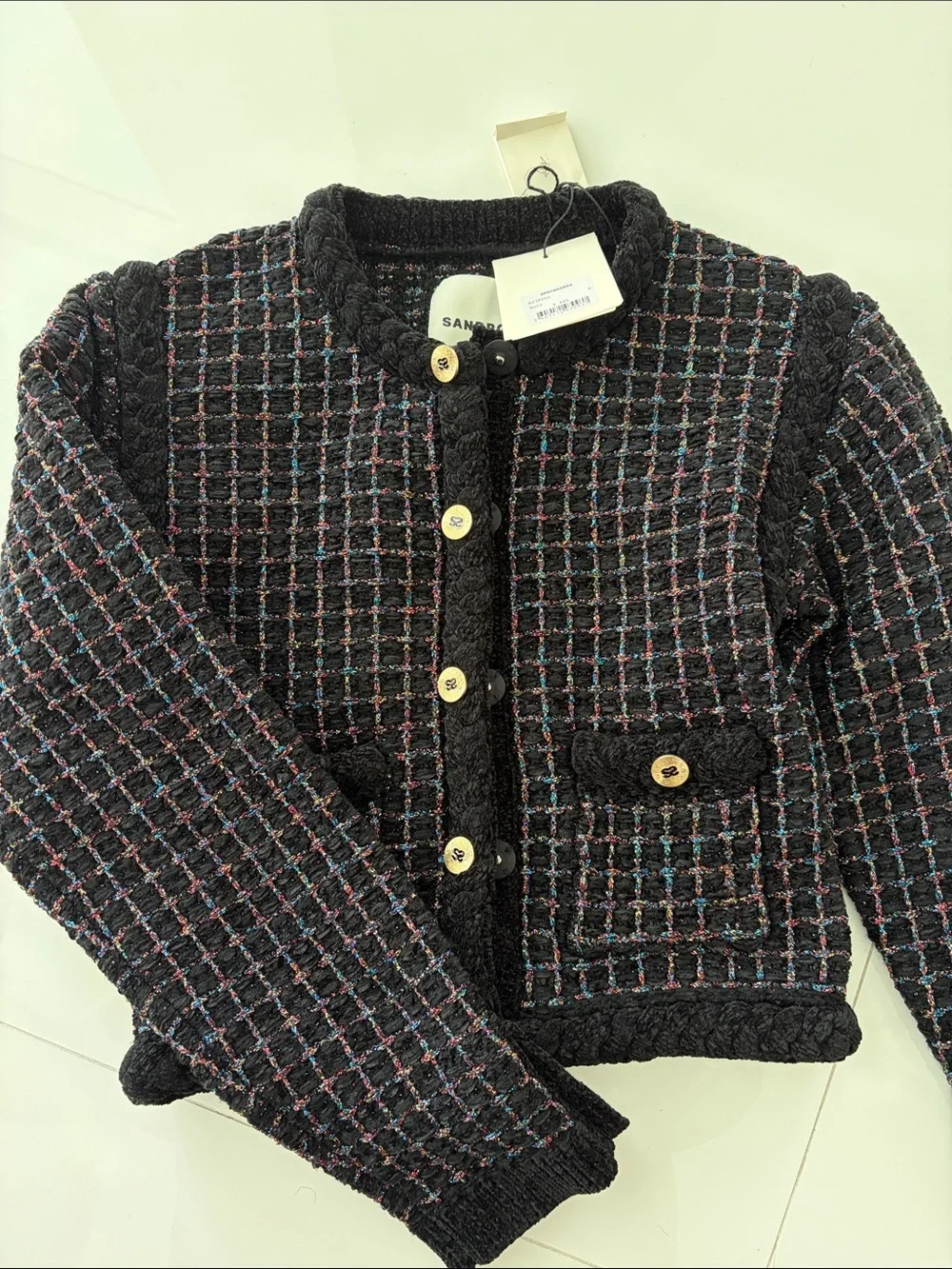 Sandro Black Tweed Jacket with Multicolor Threading